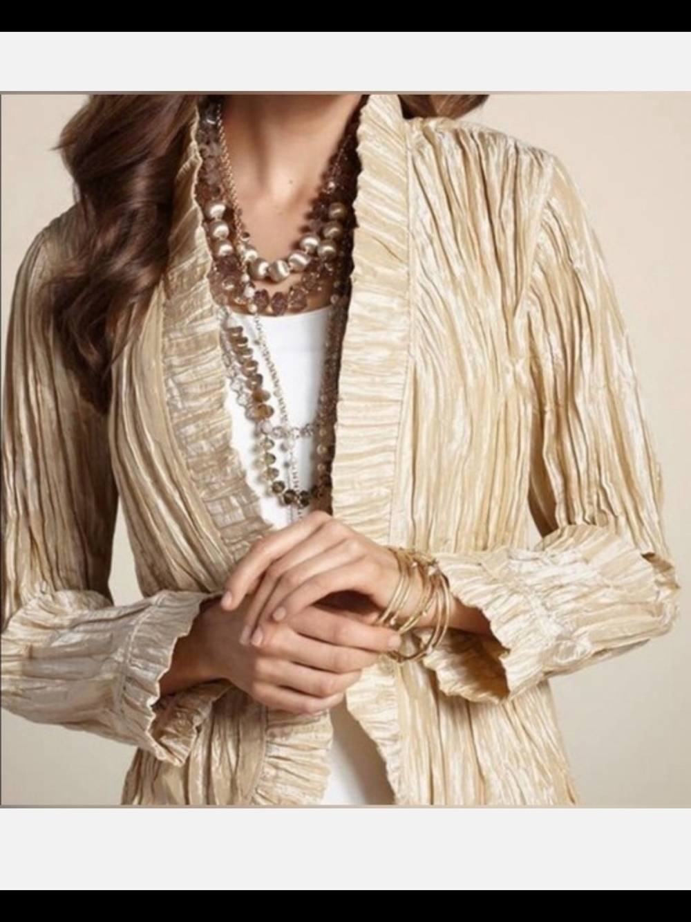 Chico's Gold Rotal Ruffle Rhea Crinkle Jacket Size M